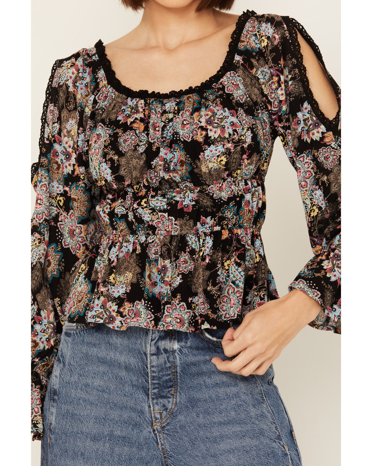 Image #3 - Wild Moss Women's Smocked Front Cold Shoulder Long Sleeve Shirt, Black, hi-res