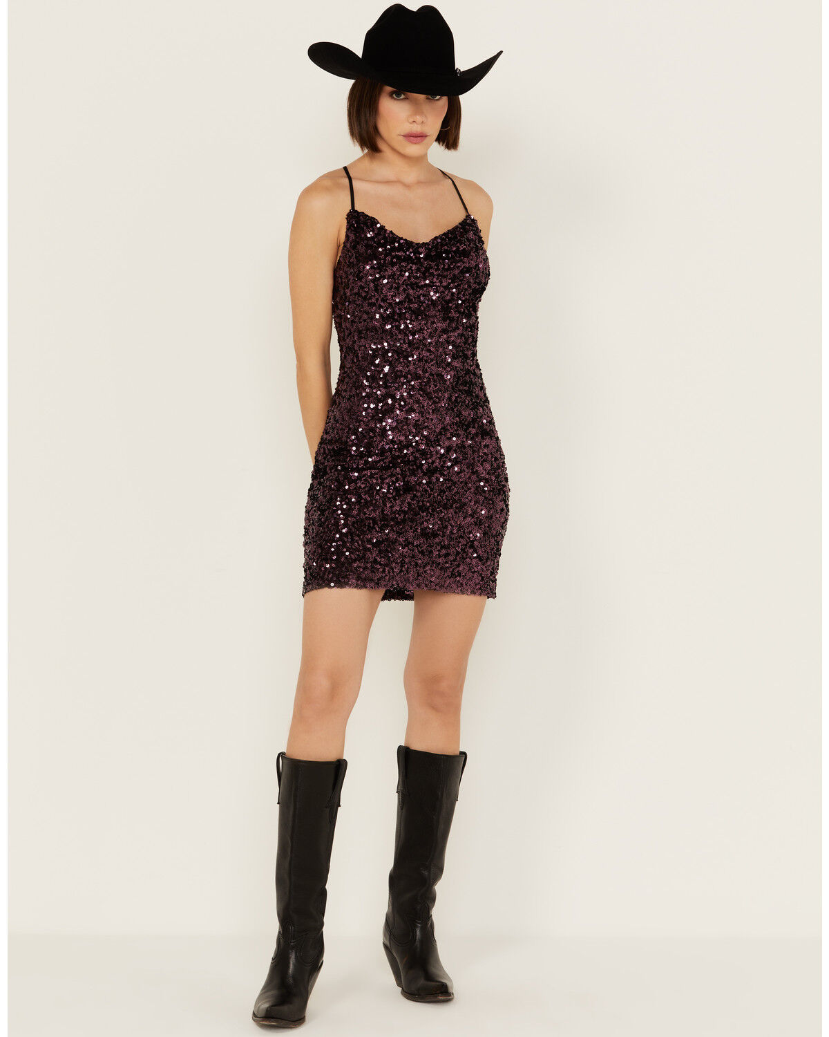 Image #1 - En Creme Women's Cowl Neck Sequin Mini Dress, Purple, hi-res