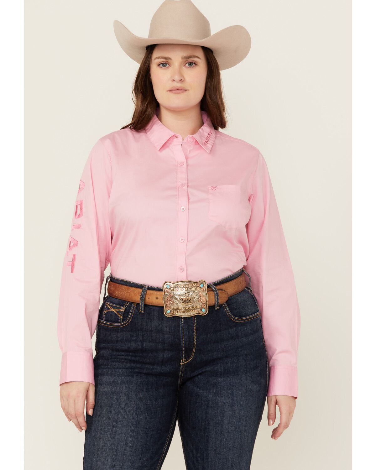 Image #1 - Ariat Women's Team Kirby Long Sleeve Button-Down Stretch Western Shirt - Plus, Pink, hi-res