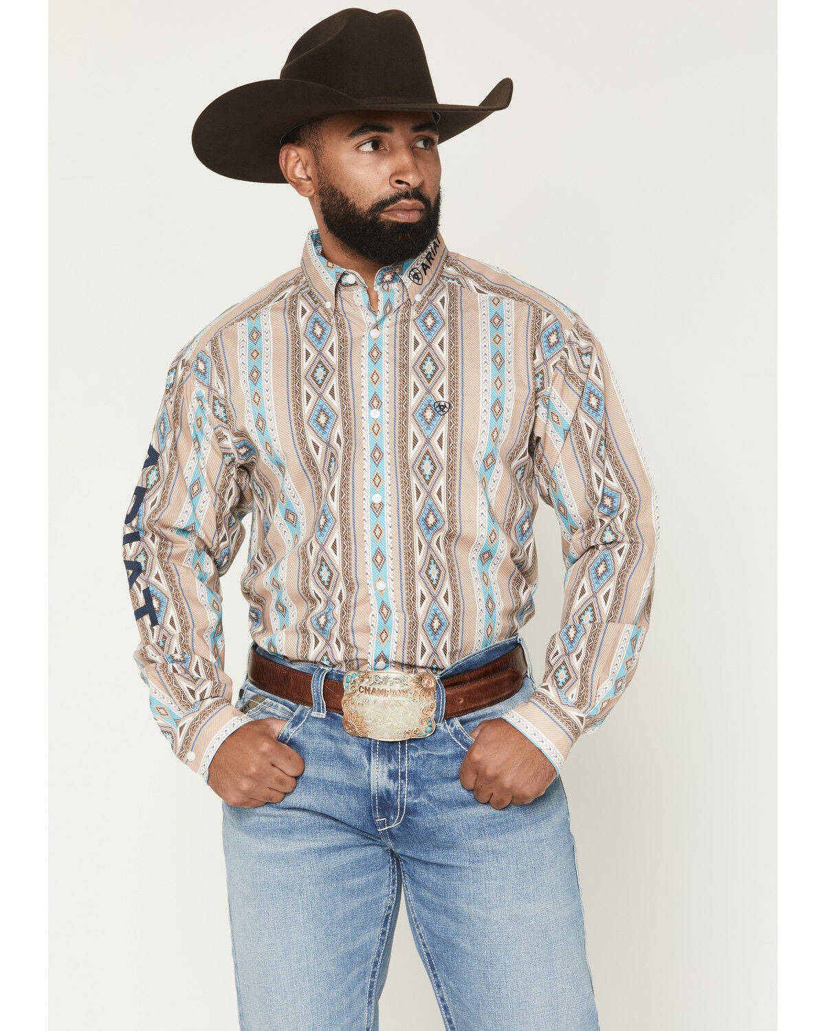 Image #1 - Ariat Men's Team Westlee Southwestern Striped Long Sleeve Western Shirt, Khaki, hi-res
