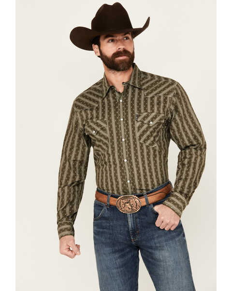 Cinch Men's Southwestern Striped Long Sleeve Snap Shirt, Olive, hi-res
