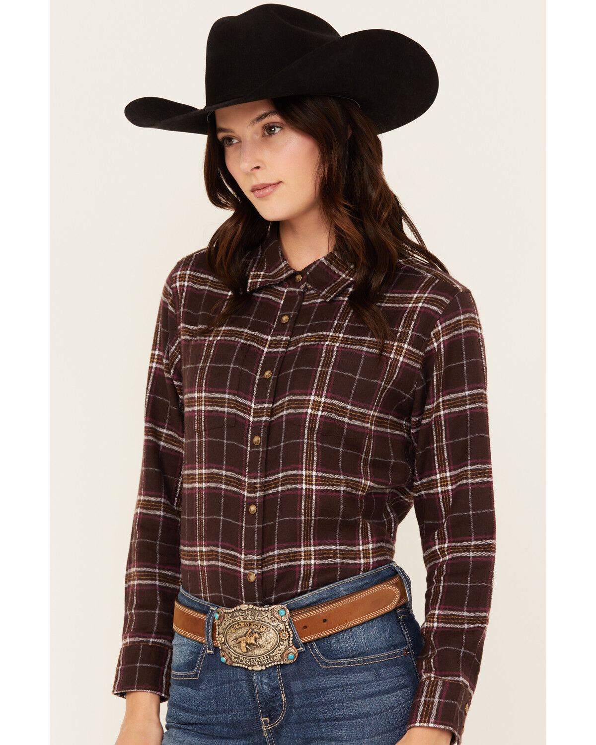 Image #2 - Shyanne Women's Plaid Print Long Sleeve Snap Western Shirt, Chocolate, hi-res