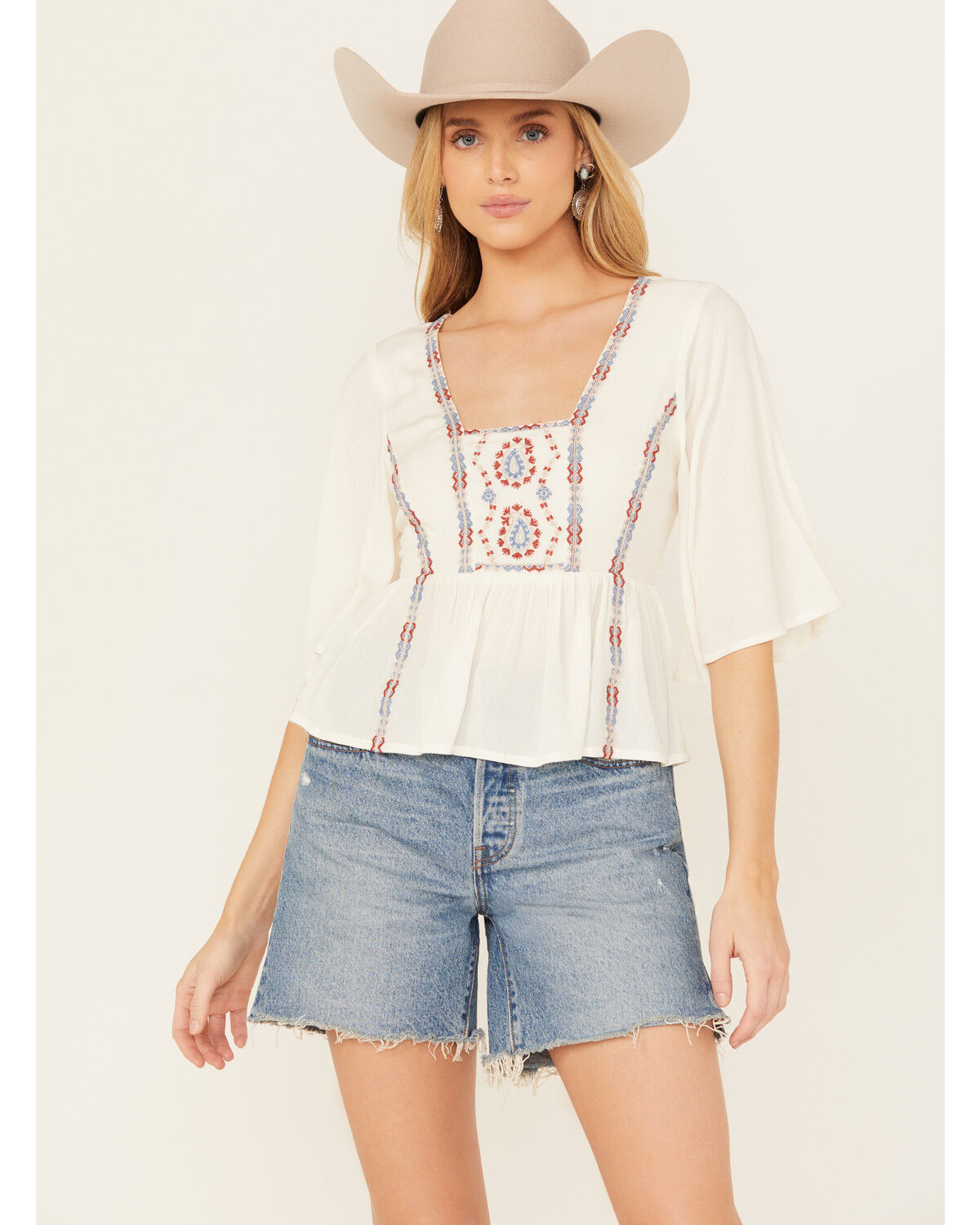 Image #1 - Shyanne Women's Embroidered Short Sleeve Crinkle Peplum Top, Cream, hi-res