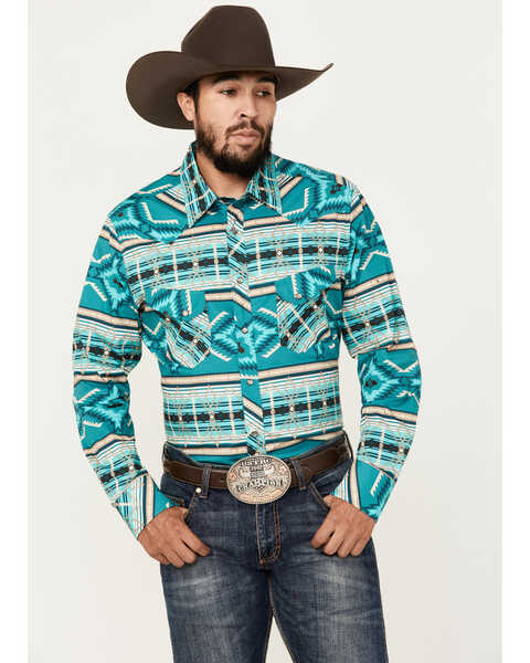 Rock & Roll Denim Men's Southwestern Print Long Sleeve Snap Stretch Western Shirt, Turquoise, hi-res
