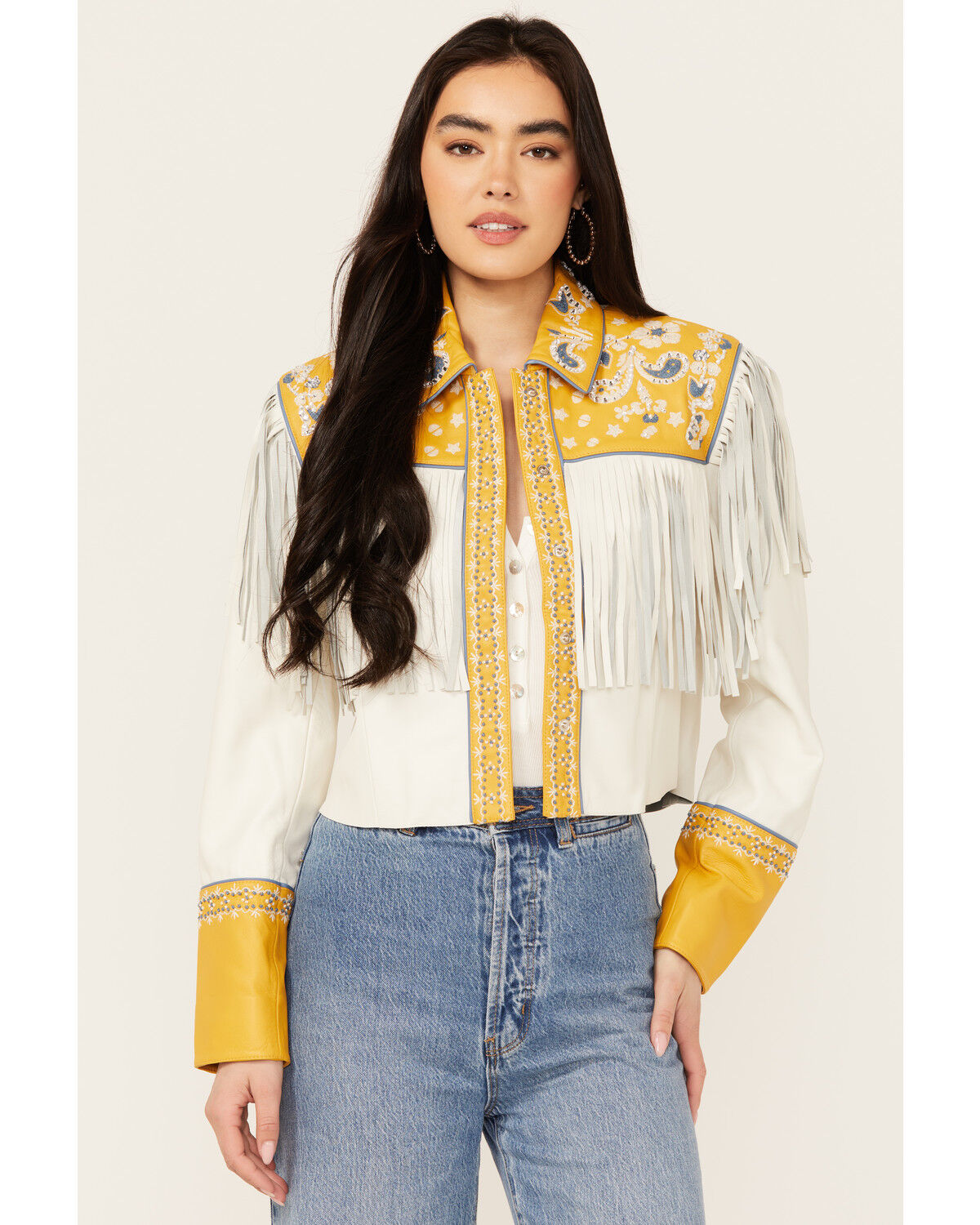 Image #1 - Double D Ranch Women's Reeves County Fringe Leather Jacket, Yellow, hi-res