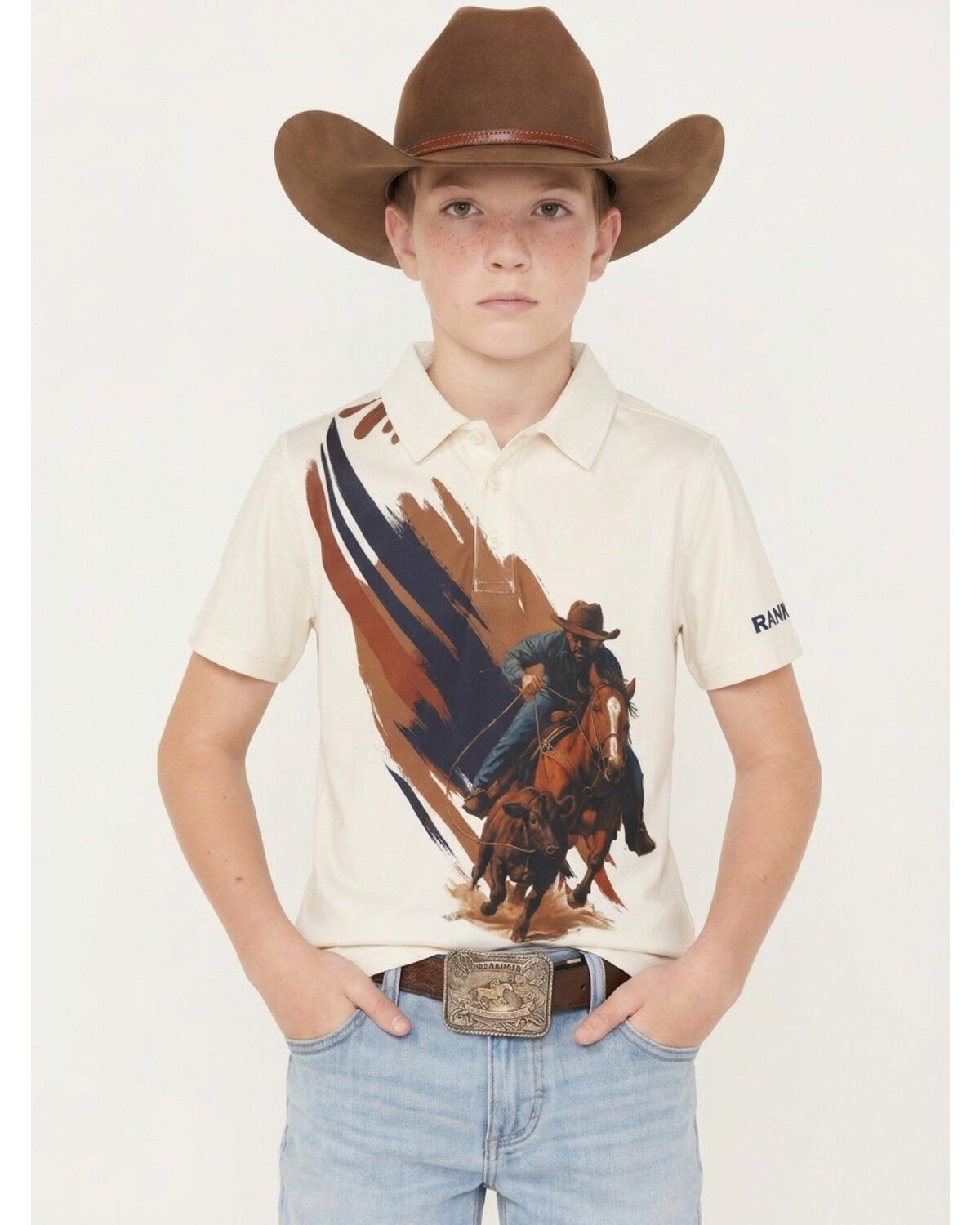Image #1 - RANK 45&reg; Boys' Golden Spur Short Sleeve Button-Down Polo, Cream, hi-res