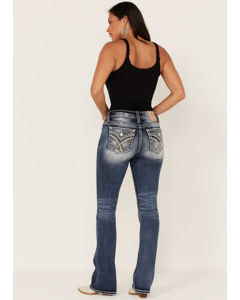Image #1 - Miss Me Women's Dark Wash Mid-Rise Embroidered Bootcut Stretch Denim Jeans, Blue, hi-res