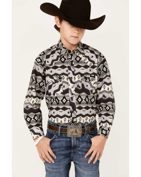 Rock & Roll Denim Boys' Southwestern Stripe Print Western Shirt, Charcoal, hi-res