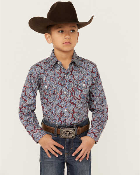 Roper Boys' Amarillo Paisley Print Long Sleeve Western Snap Shirt, Wine, hi-res