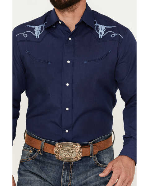 Image #2 - Roper Men's Embroidered Long Sleeve Pearl Snap Western Shirt, Navy, hi-res