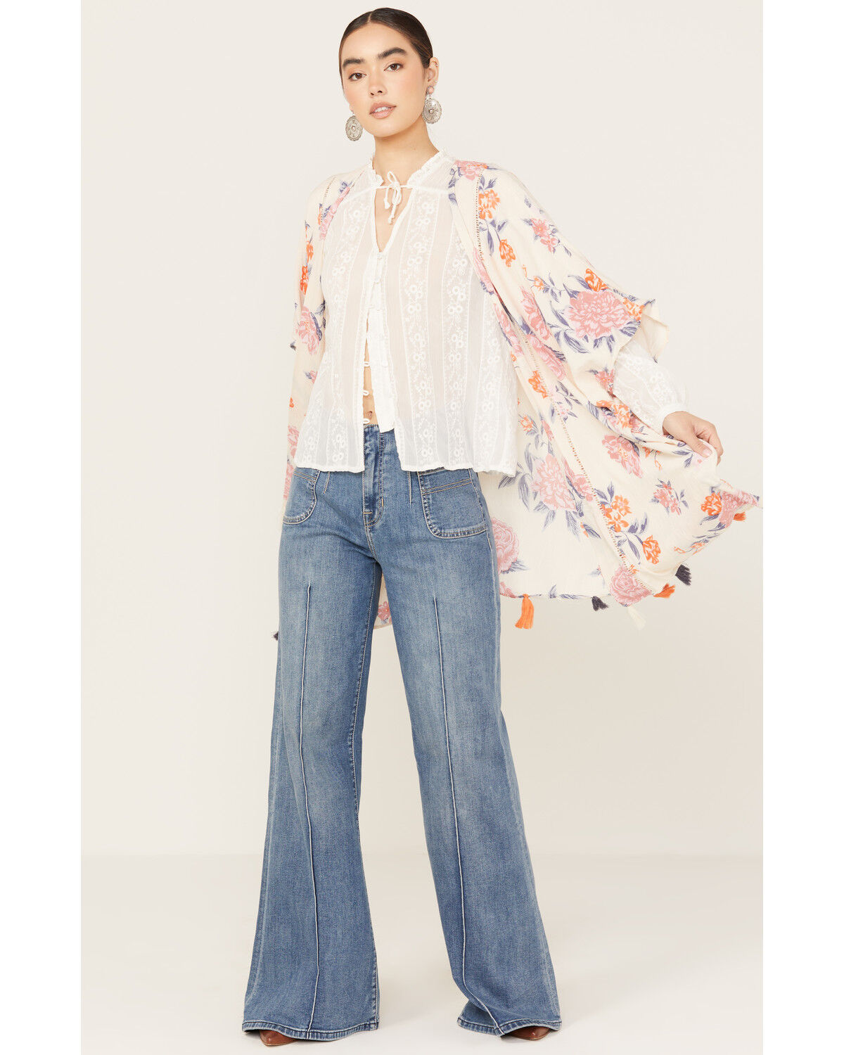 Image #1 - Angie Women's Floral Print Tassel Kimono, Ivory, hi-res