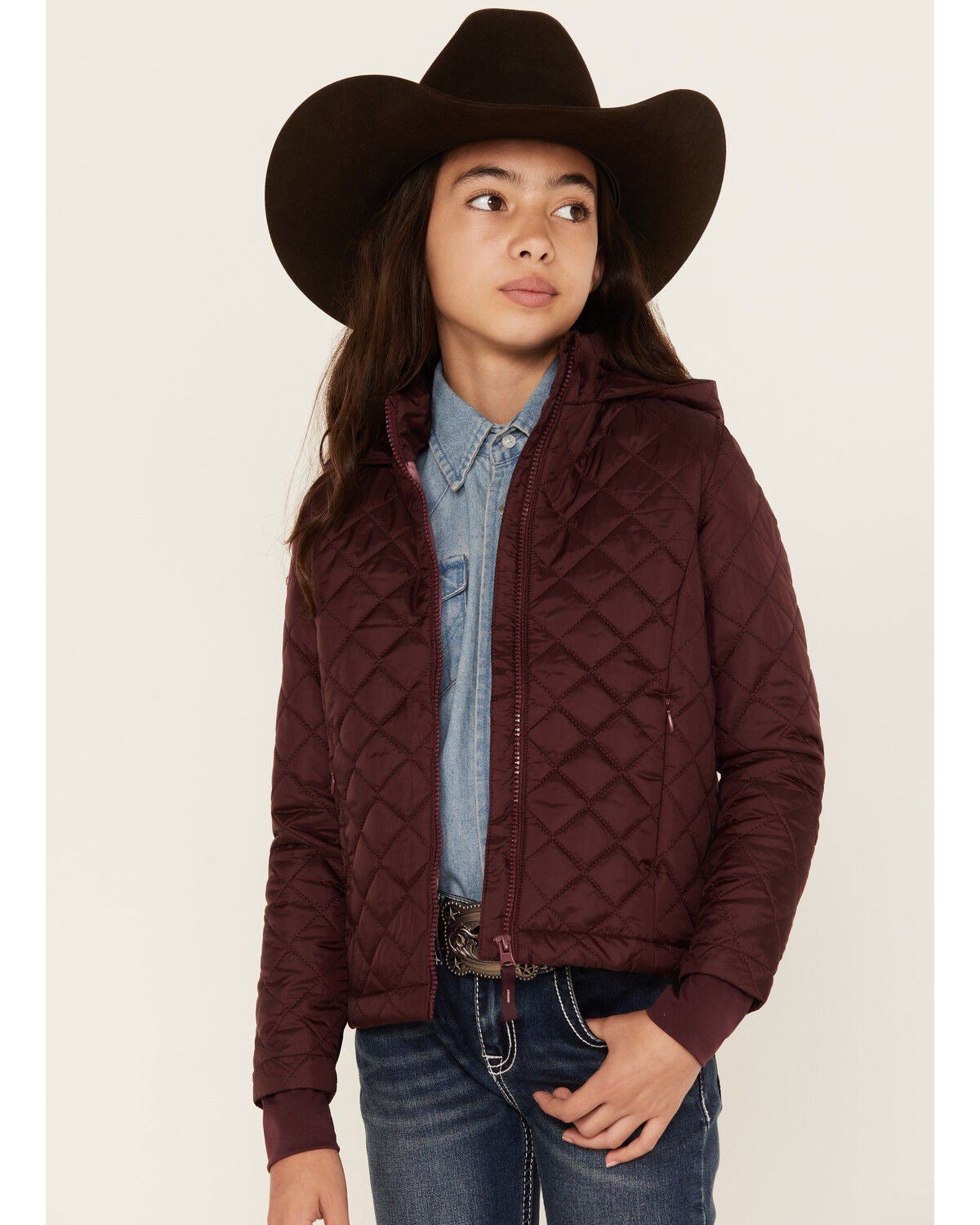 Shyanne Girl's Diamond Hooded Puffer Jacket, Dark Red, hi-res
