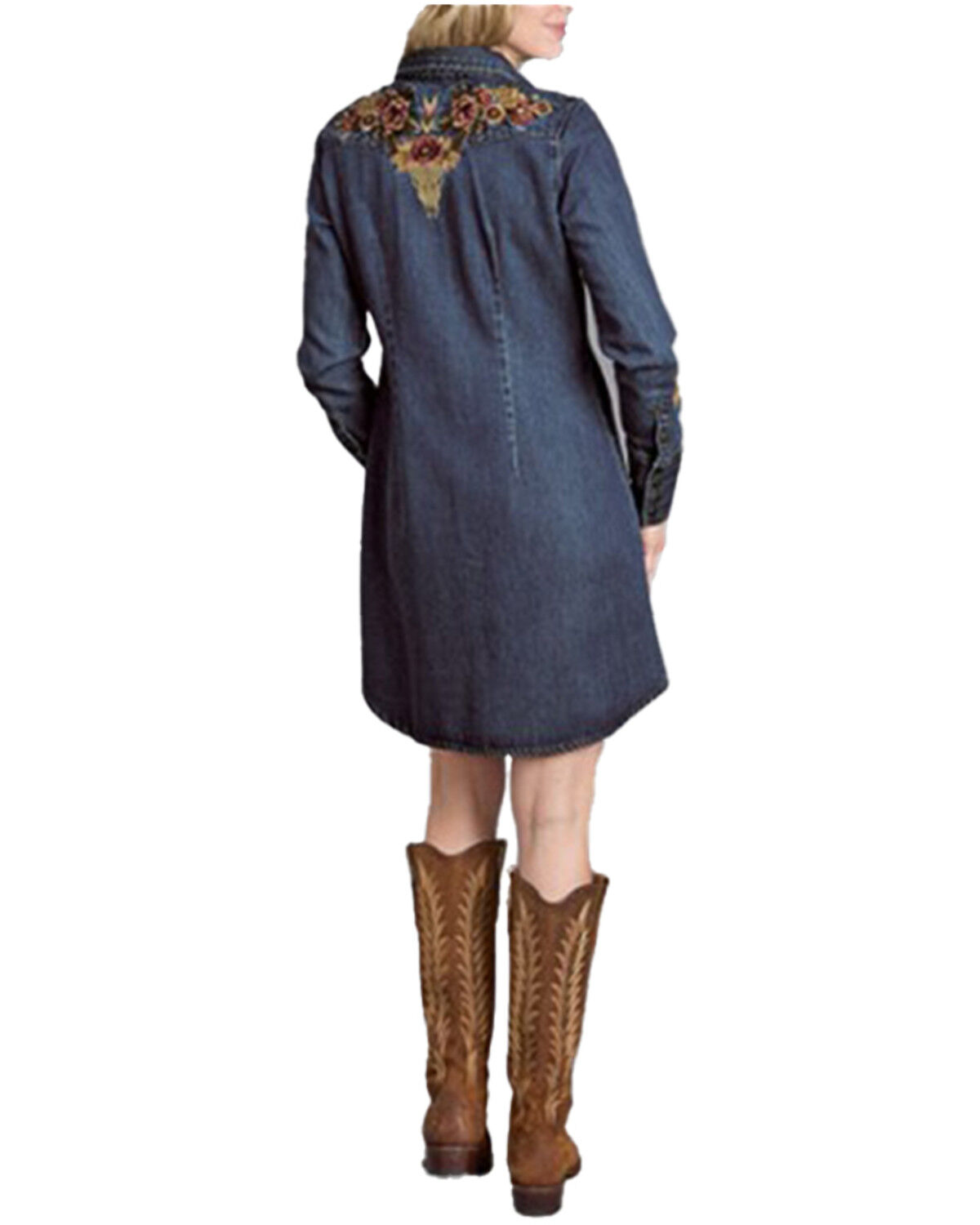 Image #2 - Stetson Women's Dark Wash Denim Embroidered Long Sleeve Mini Shirt Dress, Dark Wash, hi-res