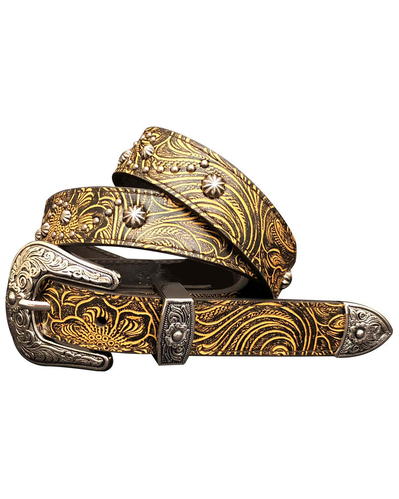 Cowgirls Rock Women's Brown Floral Tooled Studded Leather Belt, , hi-res