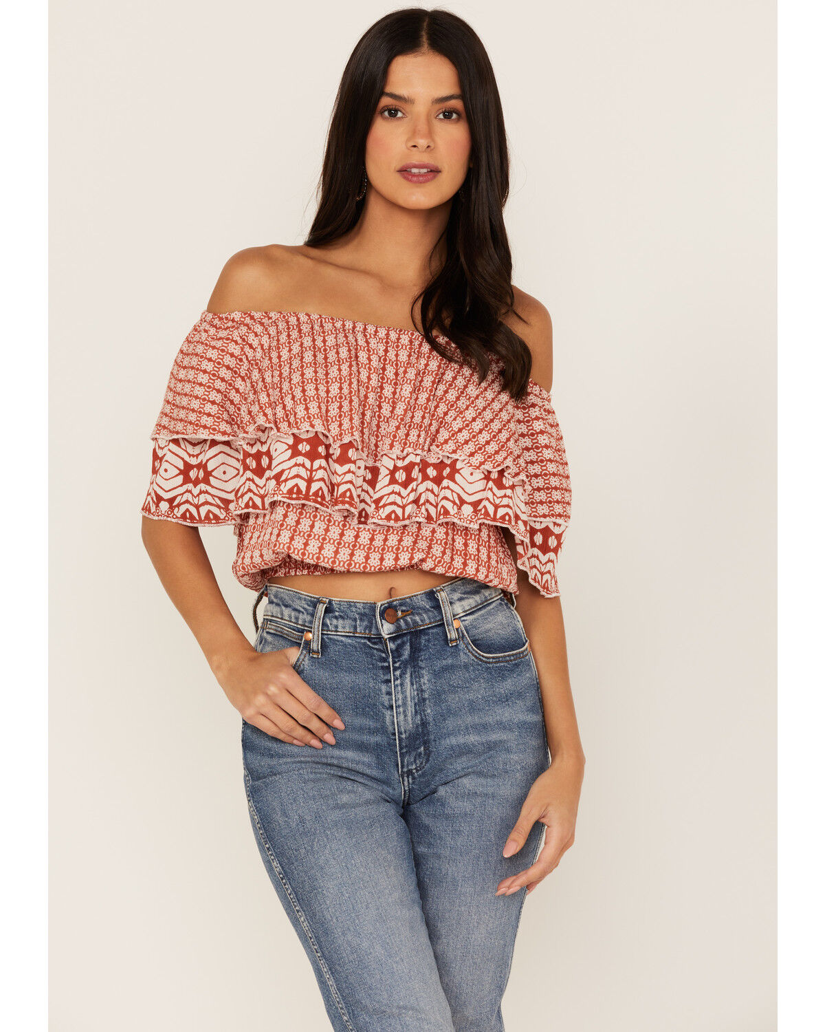 Image #1 - Talisman Women's Road Trip Print Ruffle Off-Shoulder Cropped Top, Red, hi-res