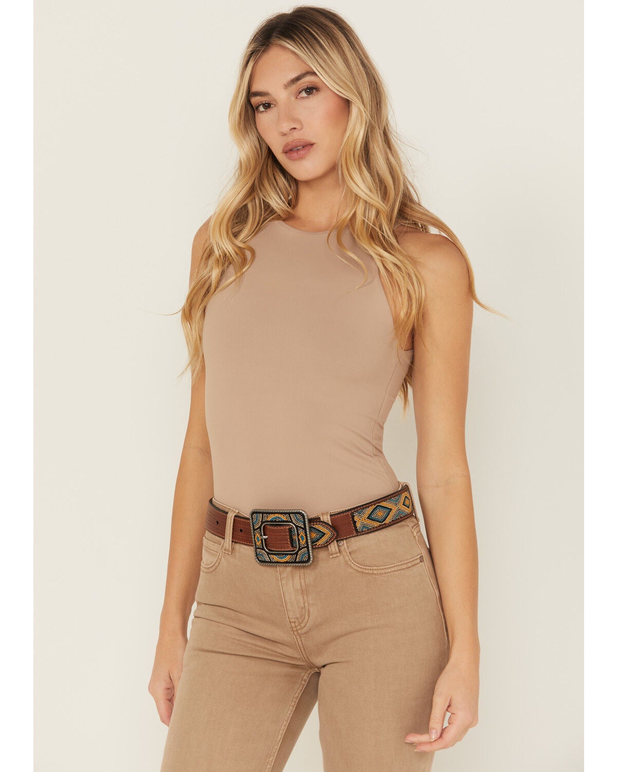 Shyanne Women's Gretchen Beaded Leather Belt, Dark Brown, hi-res