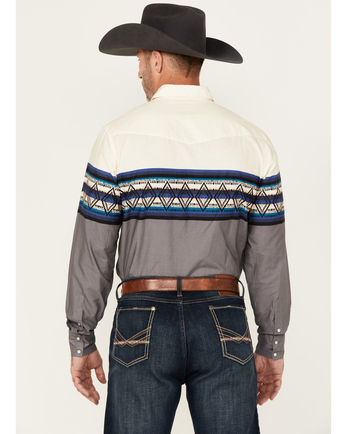 Image #4 - Roper Men's Vintage Southwestern Border Long Sleeve Pearl Snap Western Shirt, Blue, hi-res