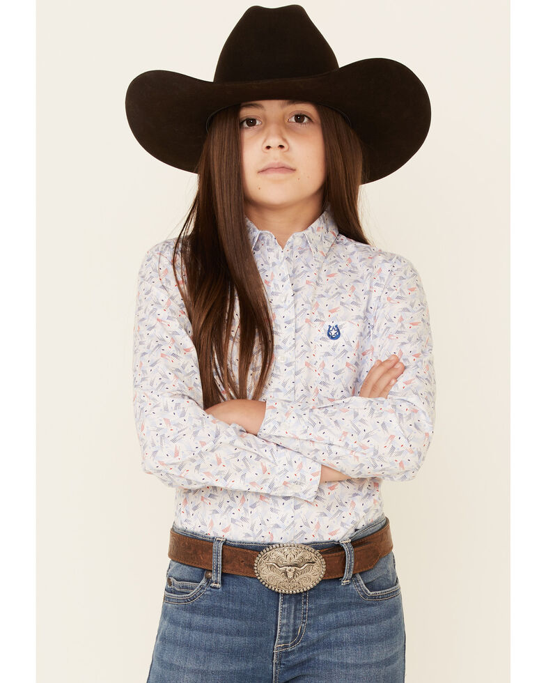 Rough Stock By Panhandle Girls' Americana Print Long Sleeve Button-Down Western Shirt , White, hi-res
