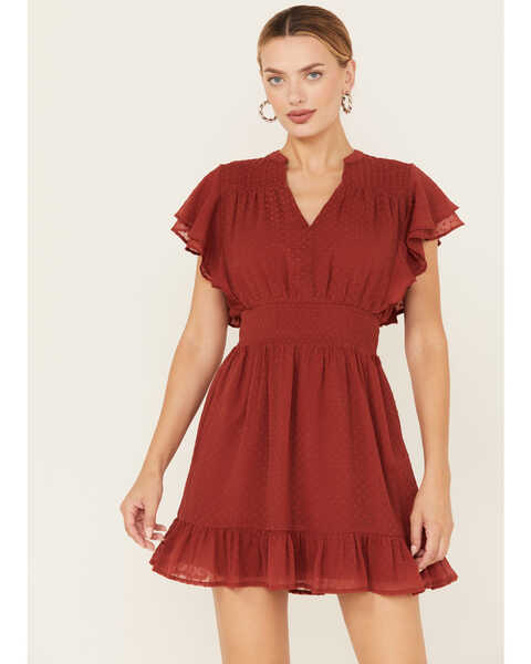 Image #1 - Billa77 Women's Swiss Dot McKinley Short Sleeve Midi Dress , Brick Red, hi-res