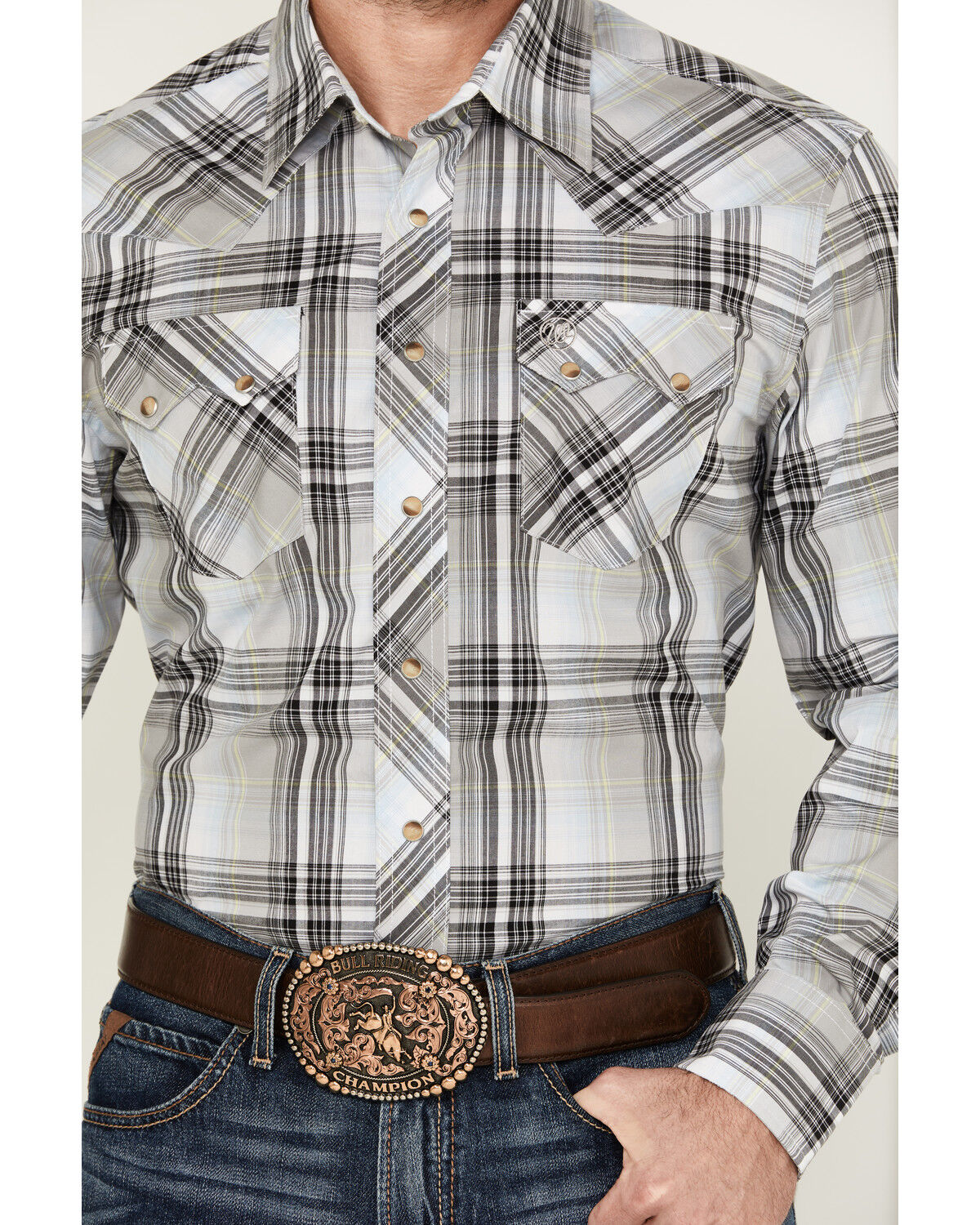 Image #3 - Wrangler Retro Men's Plaid Print Long Sleeve Snap Western Shirt, Grey, hi-res