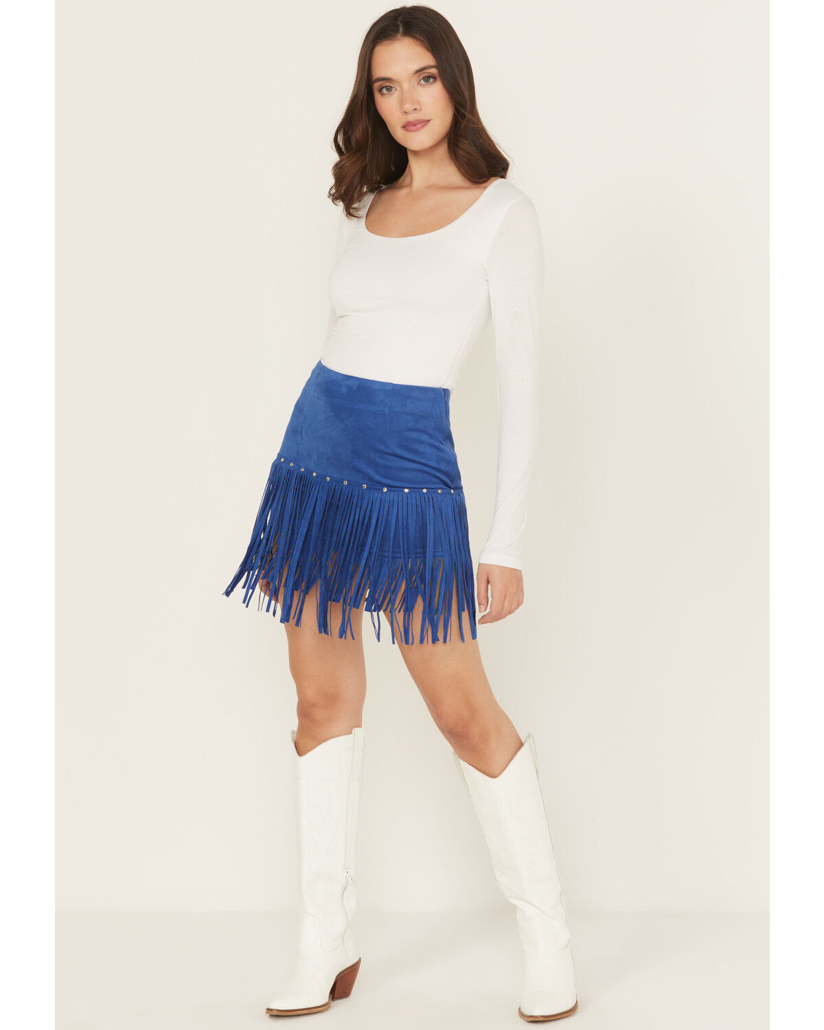 Image #1 - Fornia Women's Faux Suede Fringe and Studded Mini Skirt, Blue, hi-res