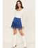 Image #1 - Fornia Women's Faux Suede Fringe and Studded Mini Skirt, Blue, hi-res