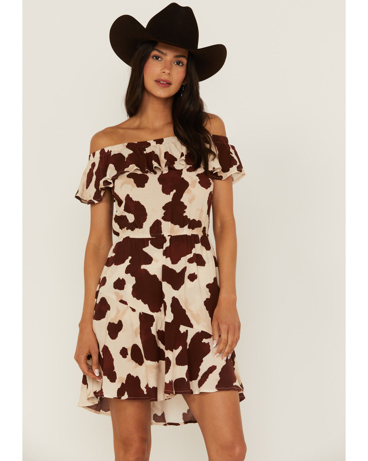 Image #2 - Idyllwind Women's Made For This Off-Shoulder Cow Print Mini Dress, Tan, hi-res