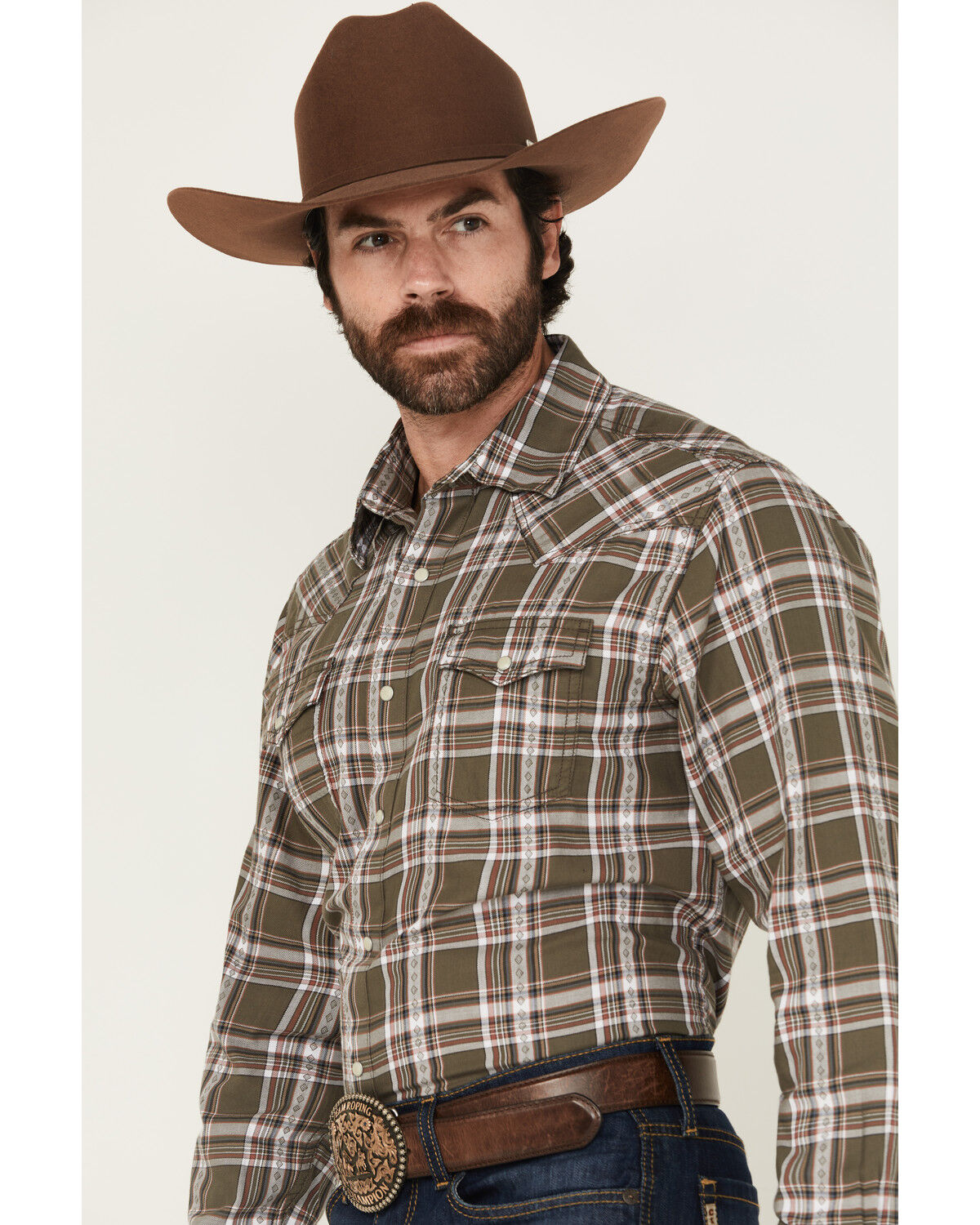 Image #2 - Wrangler Retro Men's Plaid Print Long Sleeve Snap Western Shirt, Brown, hi-res