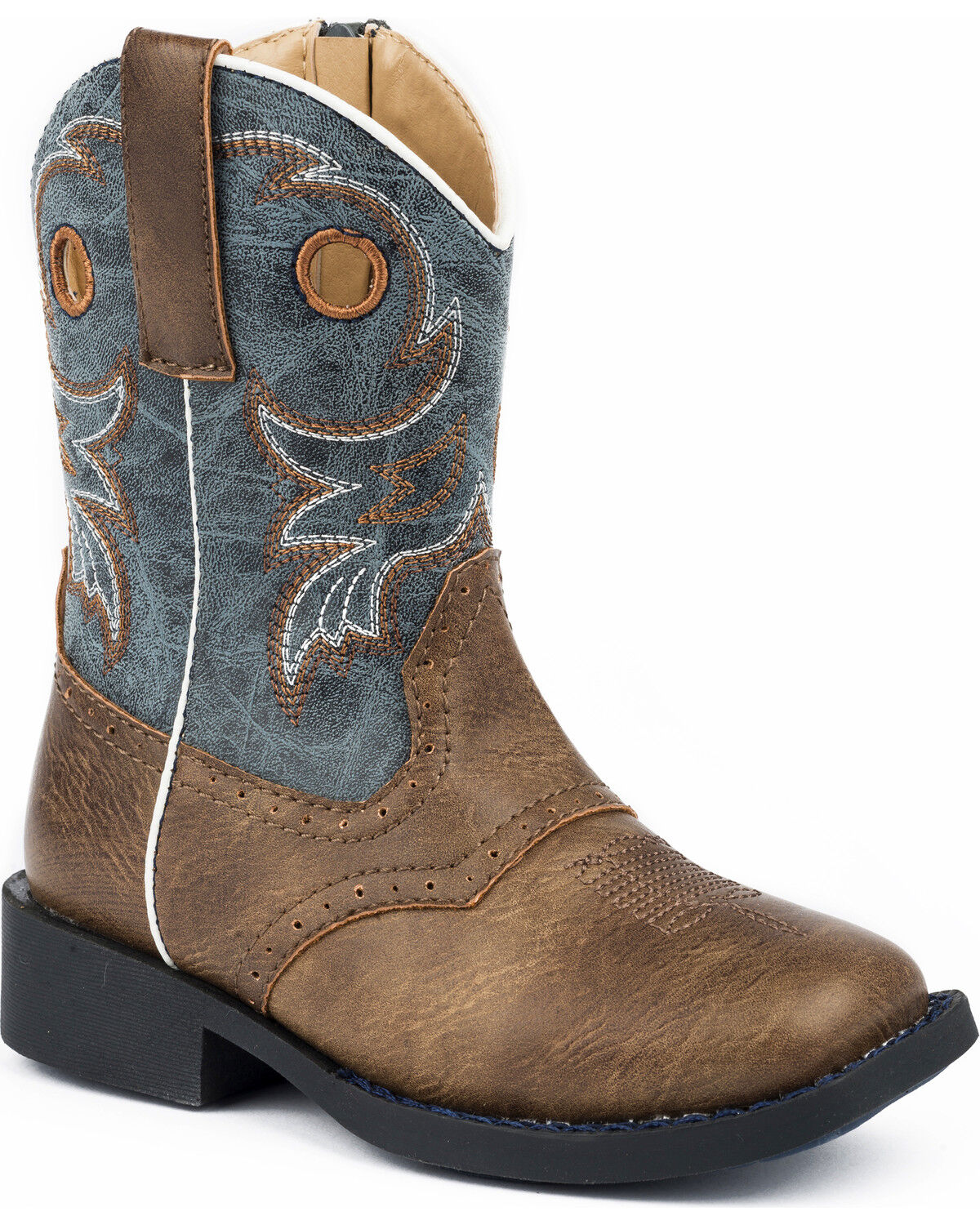 Image #1 - Roper Toddler Boys' Daniel Distressed Saddle Vamp Western Boots - Square Toe, Brown, hi-res