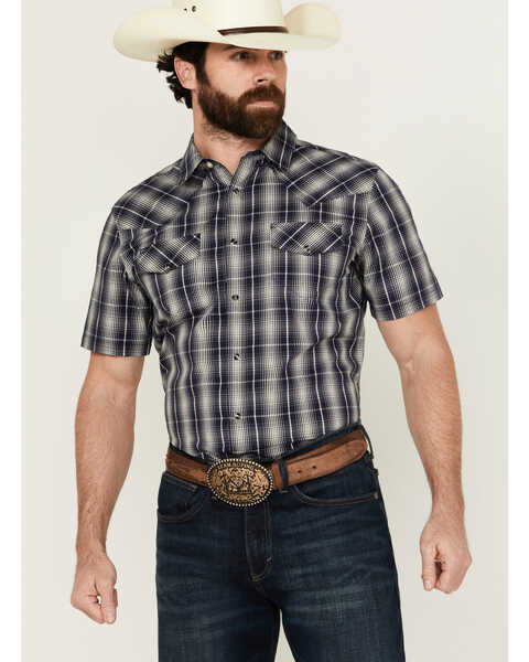 Gibson Men's Chain Link Plaid Print Short Sleeve Snap Western Shirt , Navy, hi-res