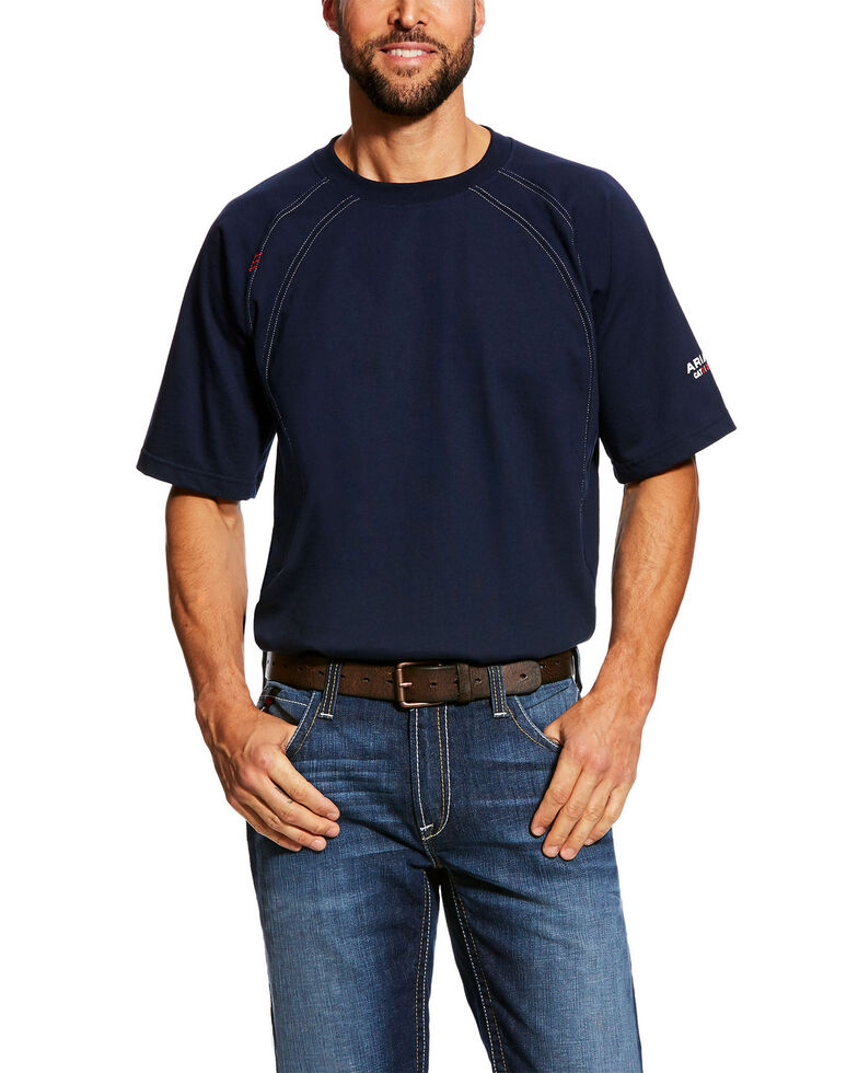 Ariat Men's Navy FR Crew Short Sleeve Work T-Shirt - Tall , Navy, hi-res