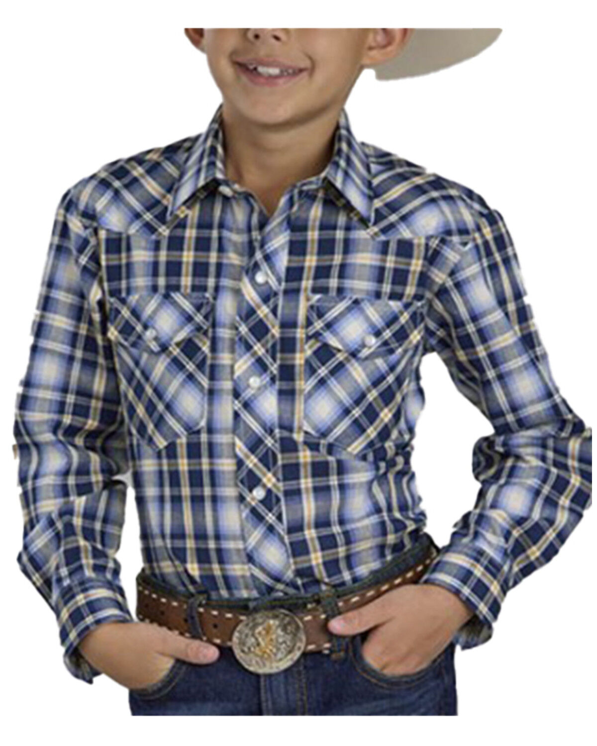 Image #1 - Roper Boys' Plaid Print Long Sleeve Snap Stretch Western Shirt, Blue, hi-res