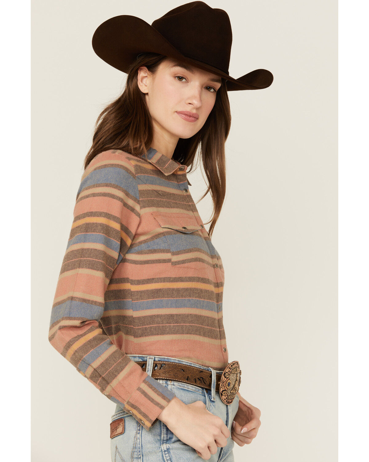 Image #2 - Shyanne Women's Serape Striped Print Long Sleeve Snap Flannel Shirt, Navy, hi-res