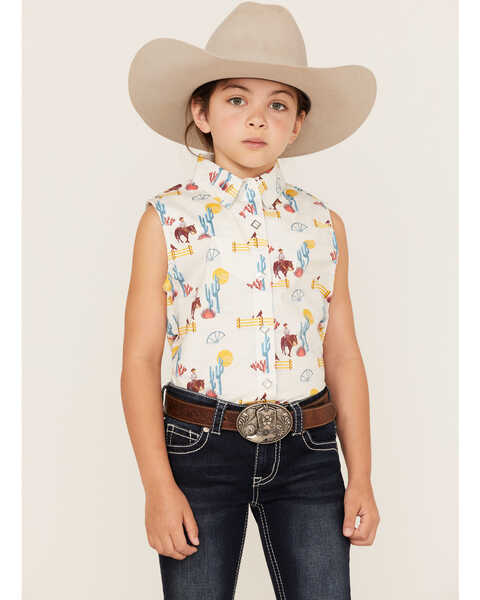 Panhandle Girls' Cowboy Horse Print Sleeveless Western Snap Shirt, Turquoise, hi-res