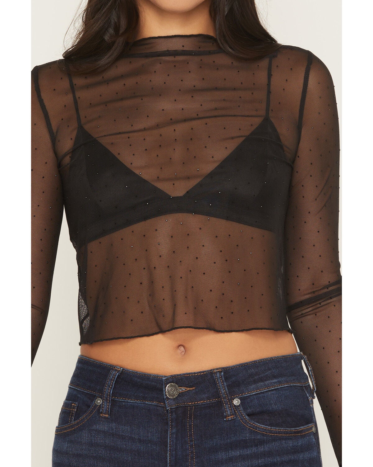 Image #3 - Rock & Roll Denim Women's Rhinestone Mesh Long Sleeve Cropped Shirt, Black, hi-res