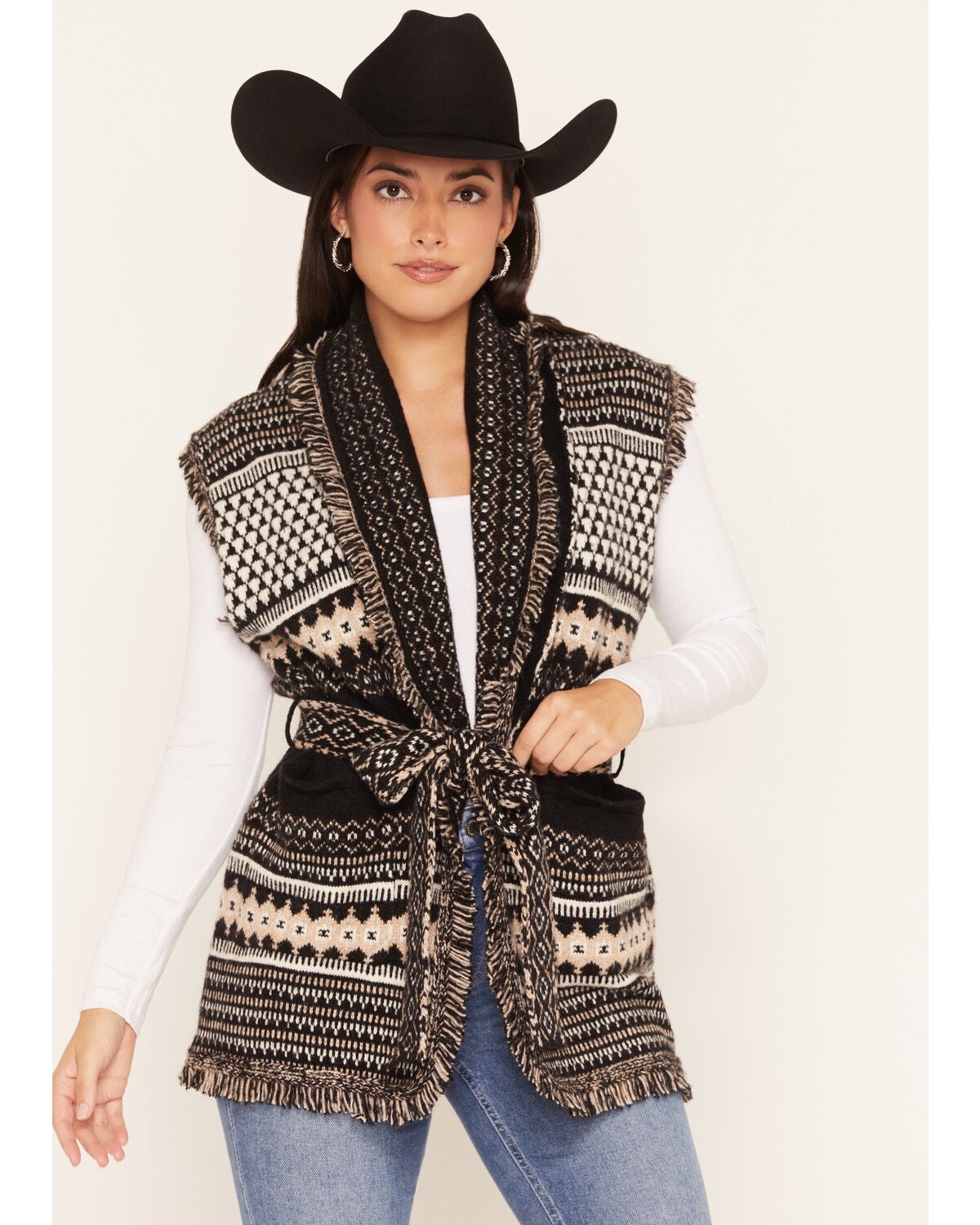 Elan Women's Southwestern Print Sweater Vest, Black, hi-res