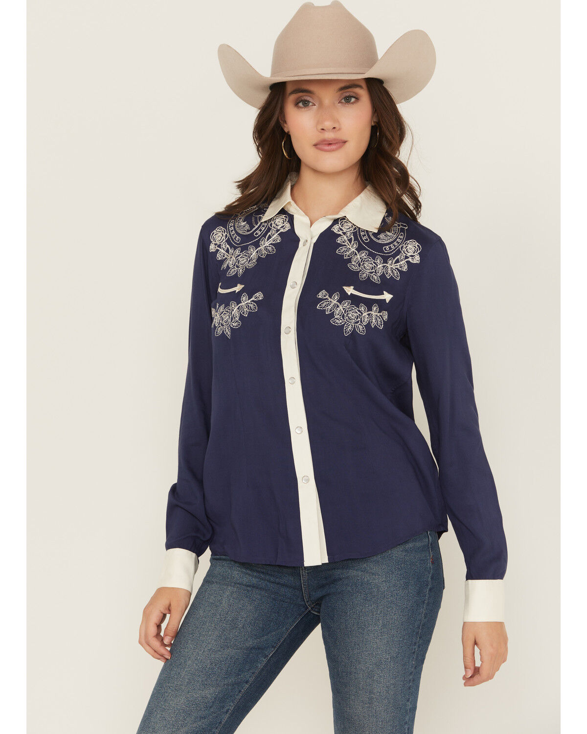 Image #1 - Panhandle Women's Retro Floral & Horse Embroidered Long Sleeve Pearl Snap Western Shirt, Navy, hi-res