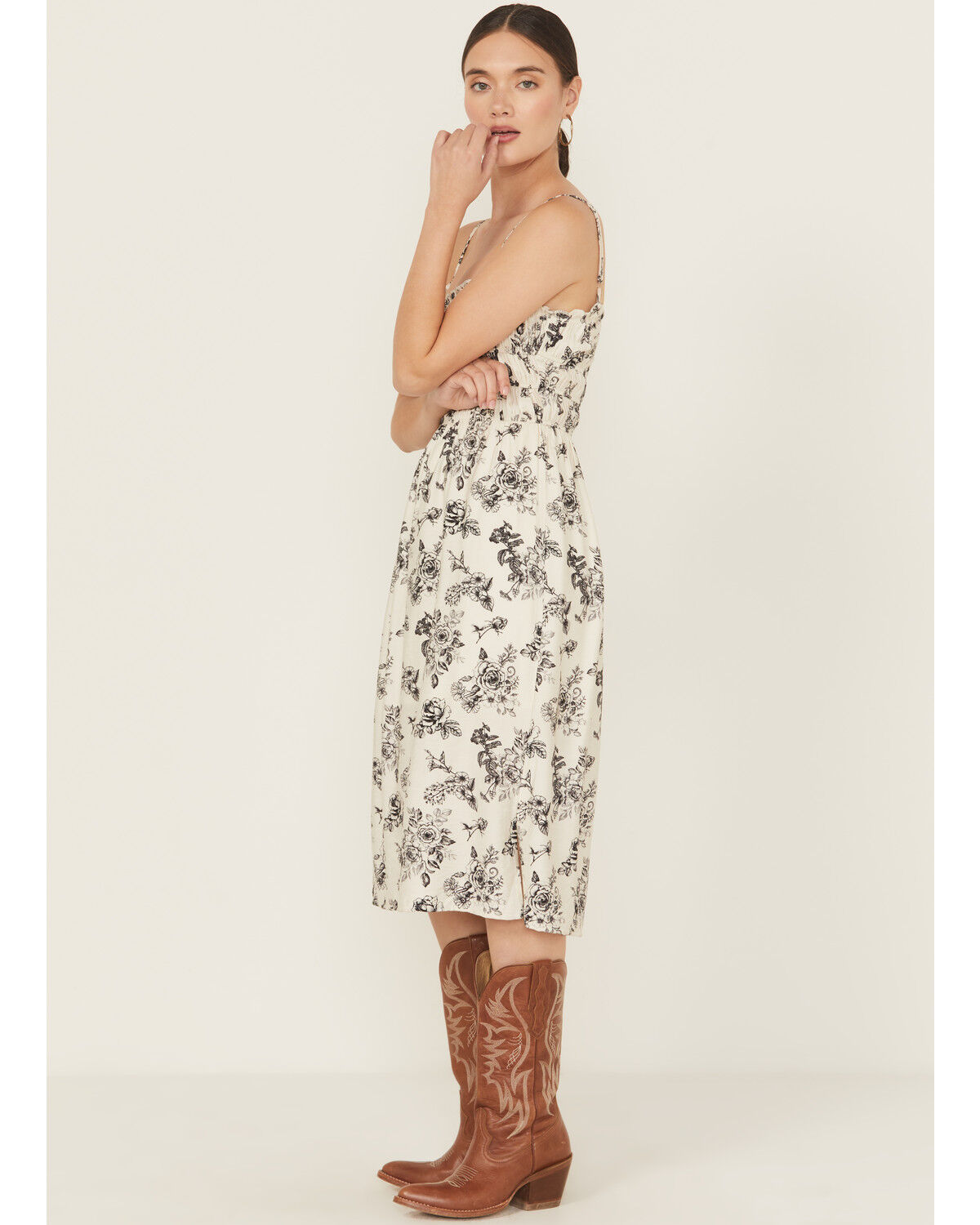 Image #2 - Wild Moss Women's Floral Print Smocked Midi Dress, Ivory, hi-res