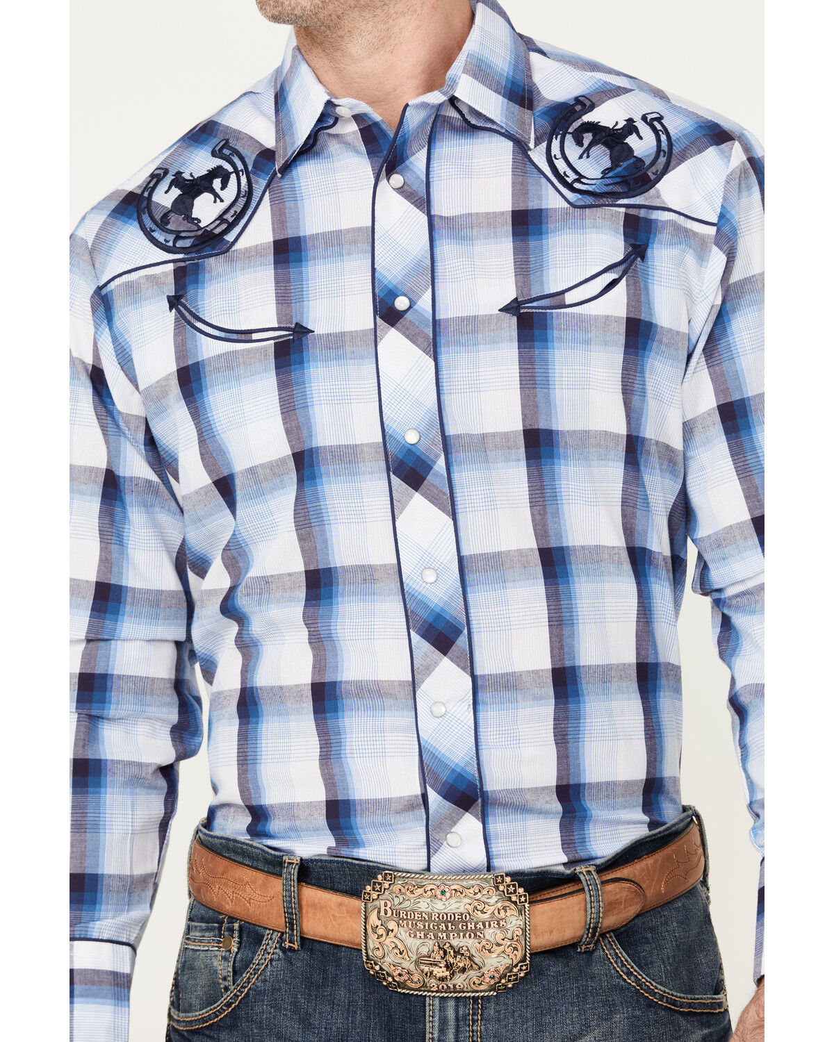 Image #3 - Roper Men's Embroidered Plaid Print Long Sleeve Pearl Snap Western Shirt, Blue, hi-res