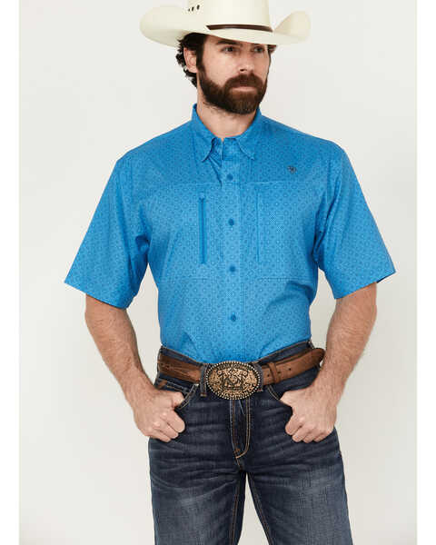 Ariat Men's VentTek Diamond Geo Print Short Sleeve Button-Down Performance Western Shirt , Blue, hi-res