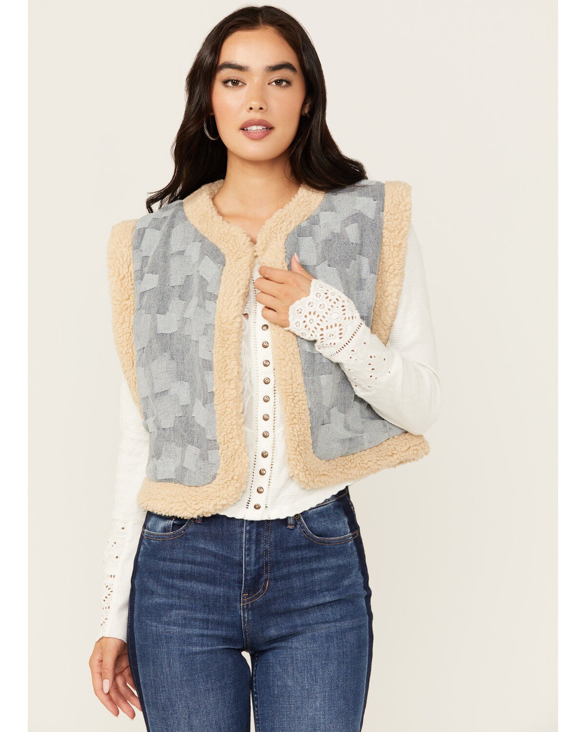 Miss Me Women's Geo Print Fleece Lined Vest, Light Blue, hi-res