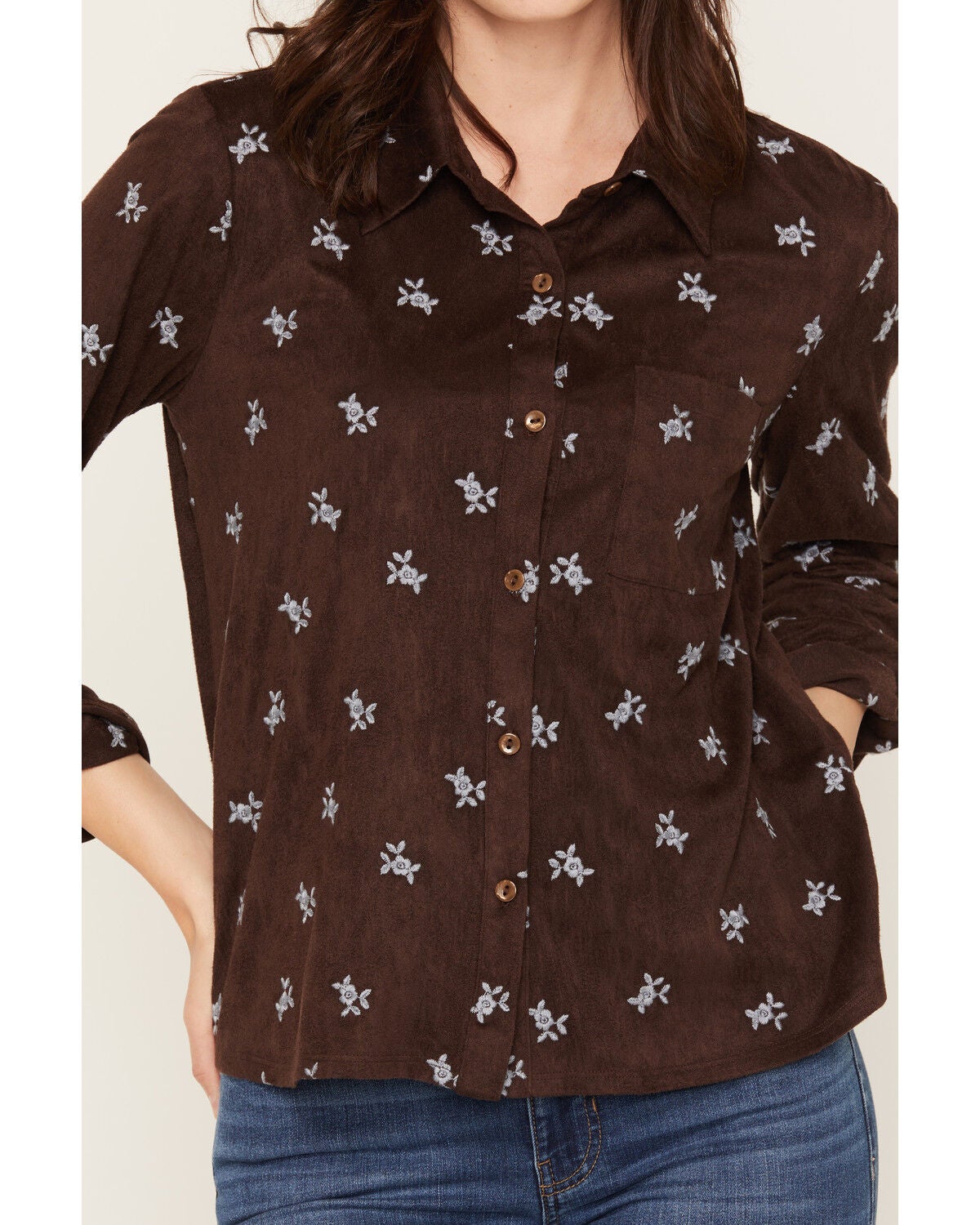 Image #3 - June & Hudson Women's Faux Suede Floral Embroidered Knit Long Sleeve Top, Chocolate, hi-res