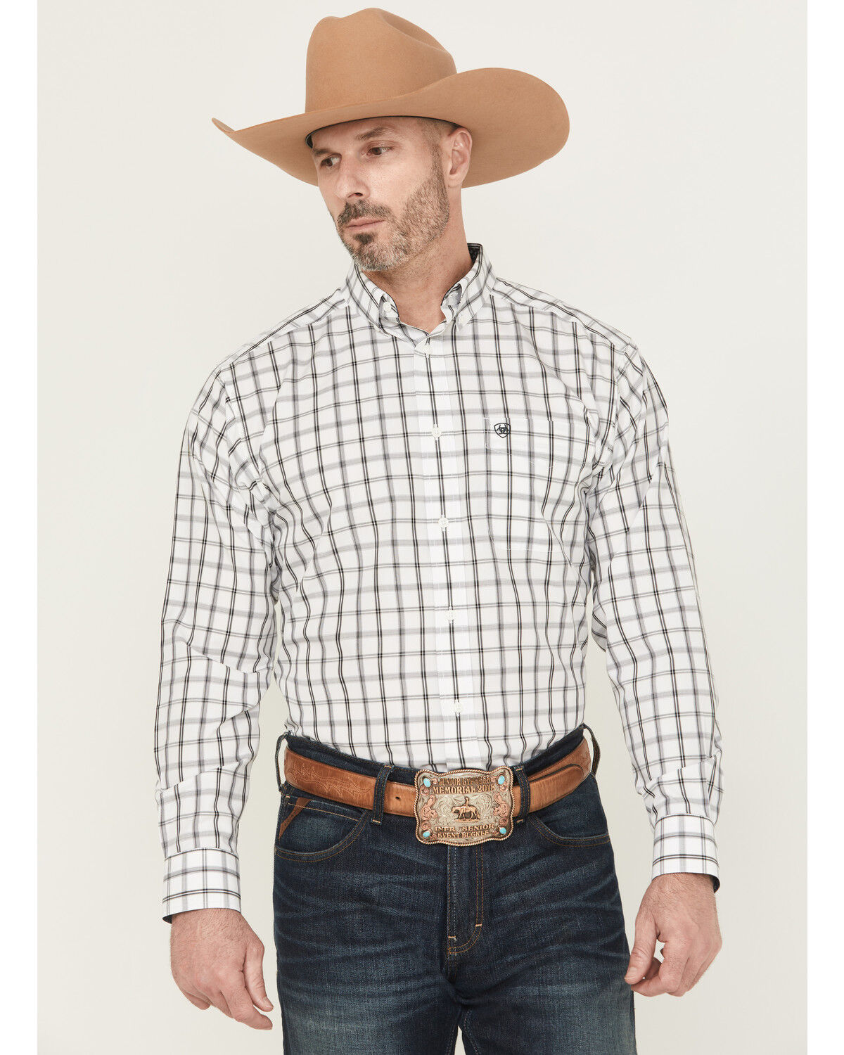 Image #1 - Ariat Men's Remi Wrinkle Free Plaid Print Long Sleeve Button-Down Western Shirt, White, hi-res