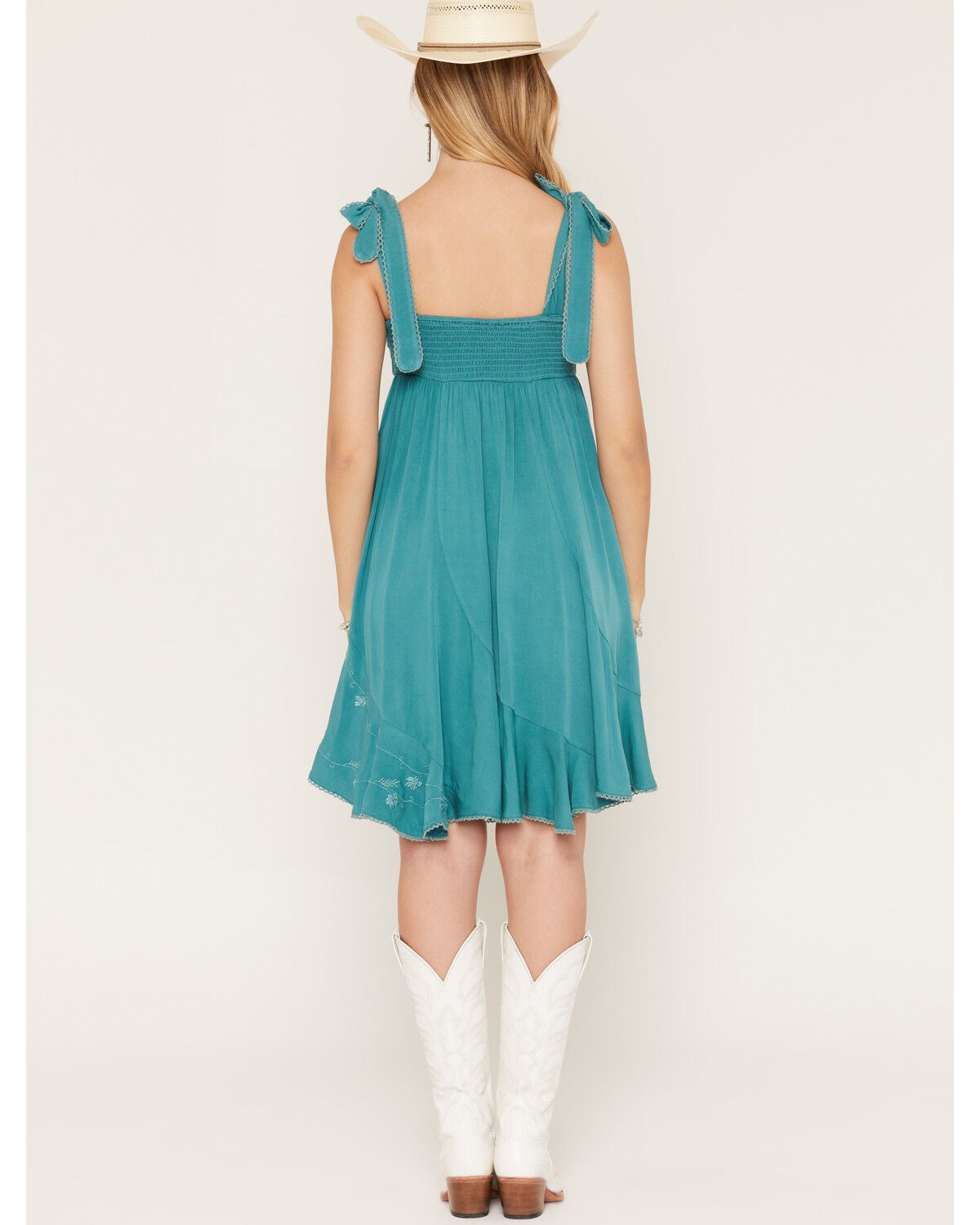 Image #4 - Wild Moss Women's Tie Strap Embroidered Mini Dress, Teal, hi-res