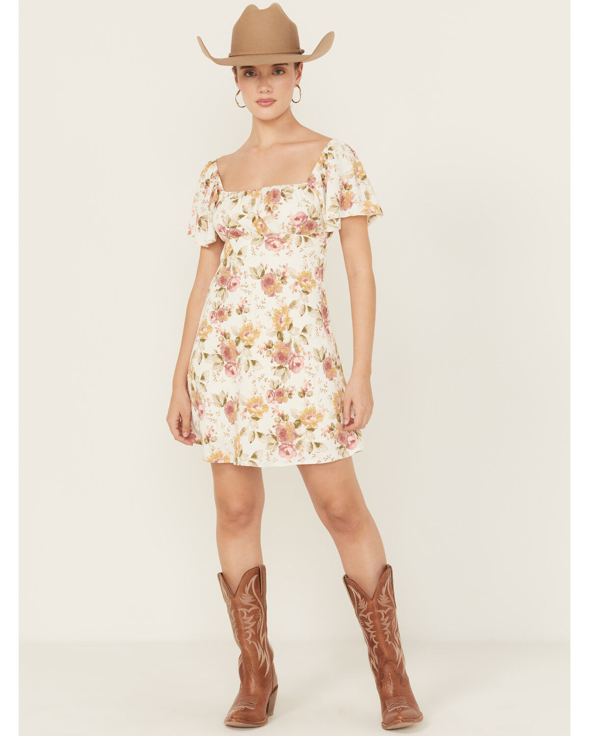 Image #1 - Originality Women's Boot Barn Exclusive Emma Floral Print Mini Dress, Ivory, hi-res