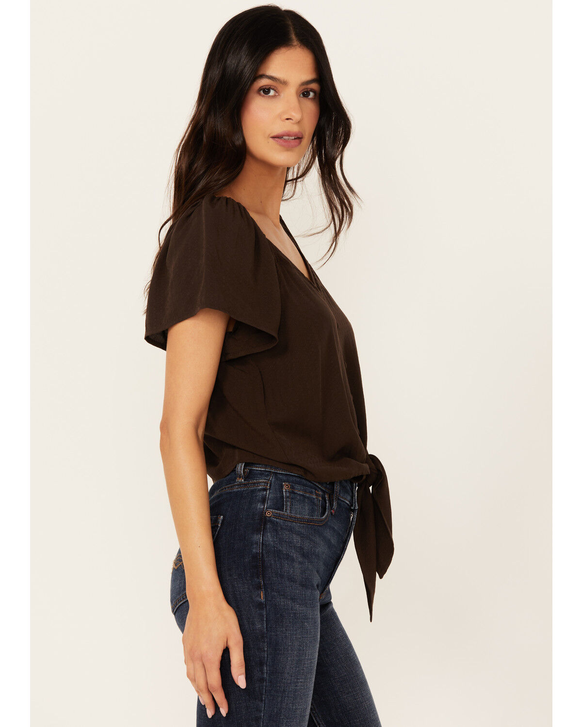 Image #2 - Idyllwind Women's Tern Flutter Sleeve Tie Front Top, Dark Brown, hi-res