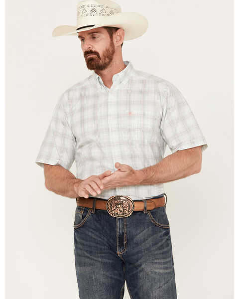 Ariat Men's Alec Plaid Print Classic Fit Short Sleeve Button-Down Western Shirt, White, hi-res