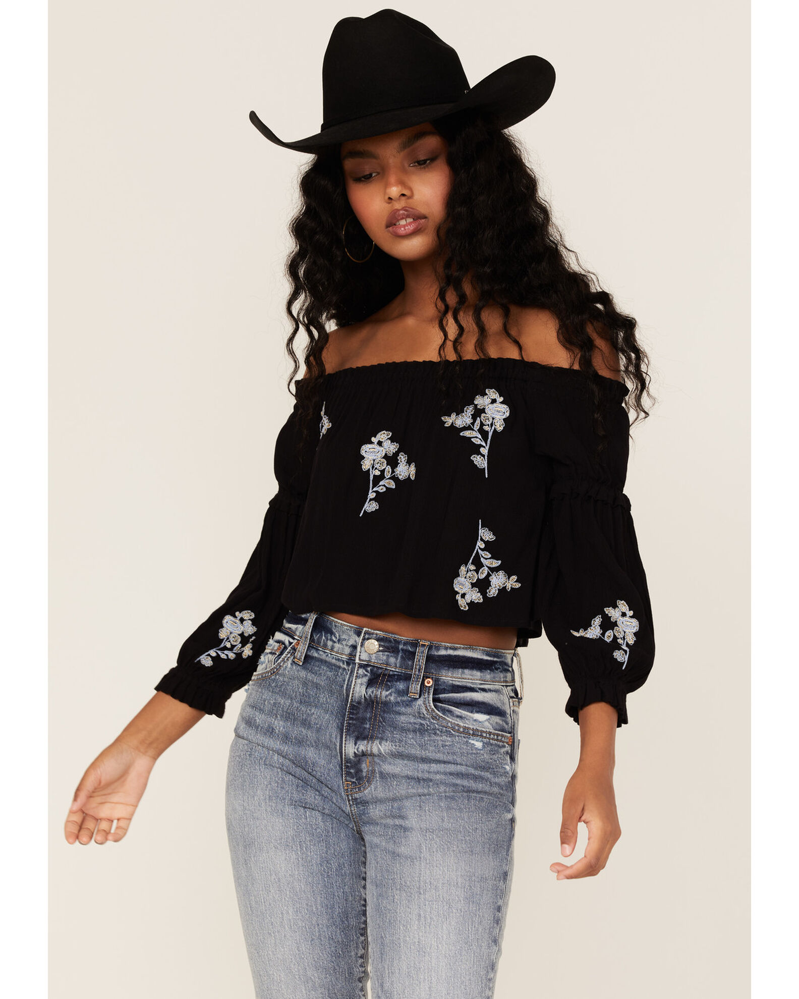 Black floral off discount the shoulder top
