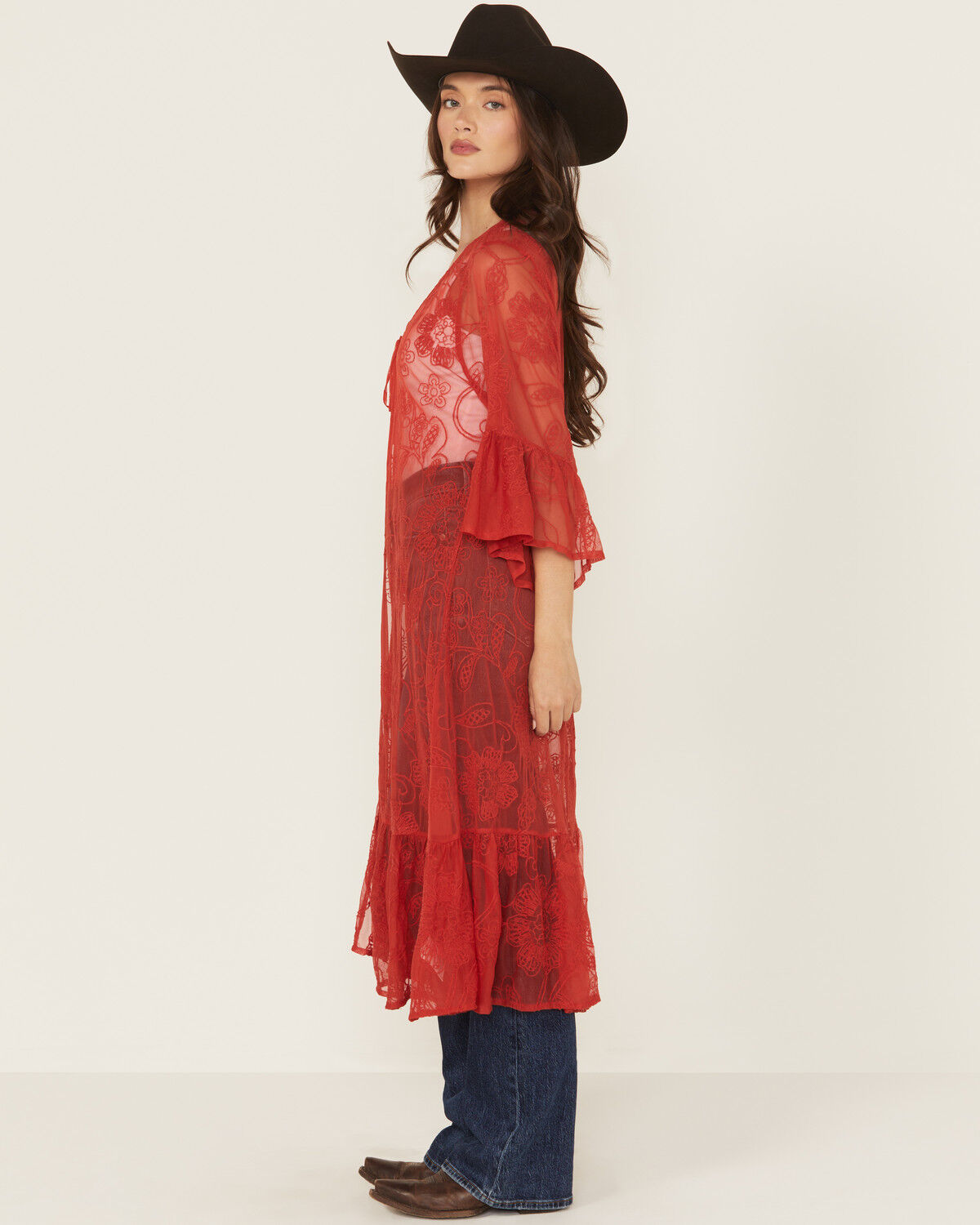 Image #3 - Shyanne Women's Tie-Front Embroidered Mesh Kimono, Red, hi-res