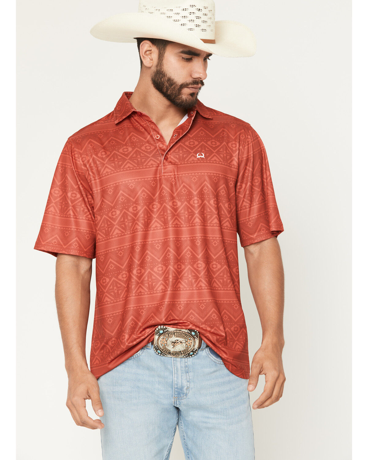 Image #1 - Cinch Men's ArenaFlex Southwestern Print Polo, Red, hi-res